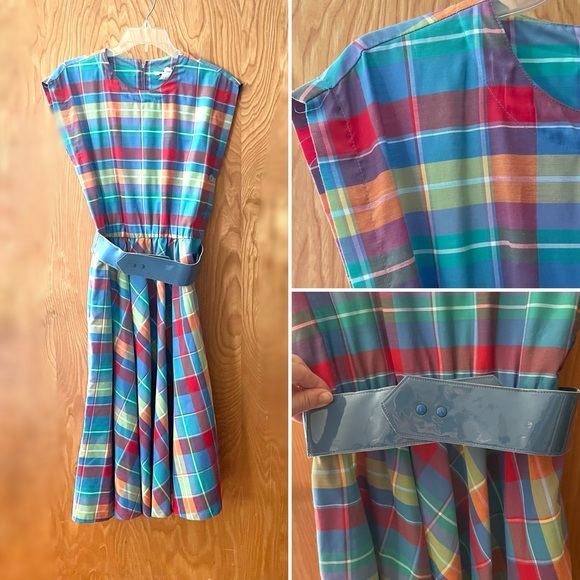 Vintage Dresses & Skirts - Vintage plaid picnic dress, blue & red with matching belt, side buttons, medium